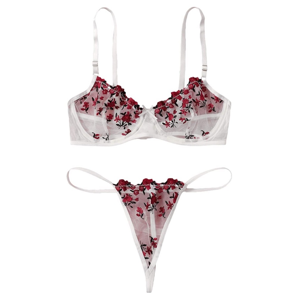 White & red rose embroidered mesh underwire bra & panty lingerie set